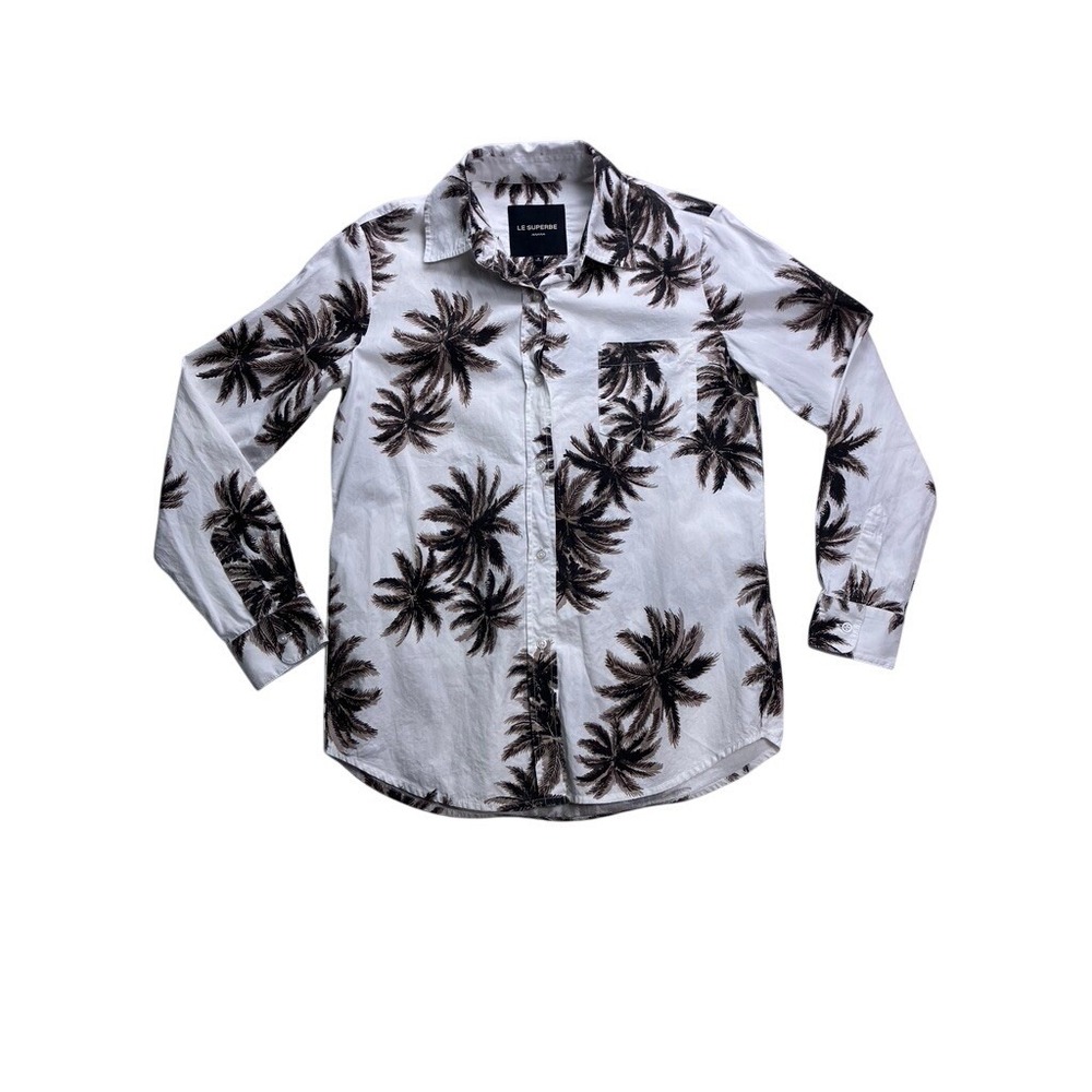 Le Superbe Palm Tree Button Down Shirt Womens 0 White Brown Long Sleeve Tropical